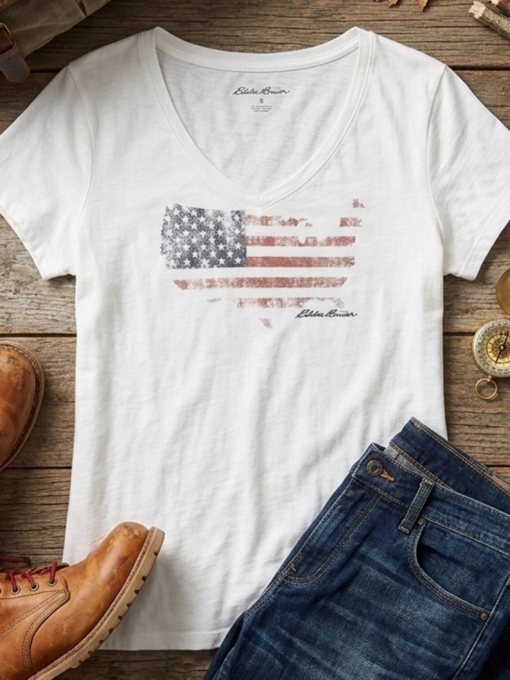 Eddie Bauer American Flag Graphic T-Shirt XL 100% Cotton V-Neck Heritage Grunge